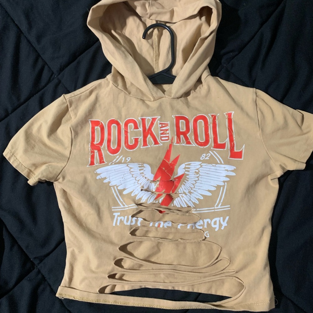 Tan Rock and Roll Crop Top Hoodie
